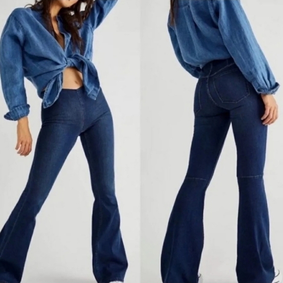 Free People Penny Pull-on Flare Dark Wash size 26 Festival Hippie Western - Picture 1 of 6